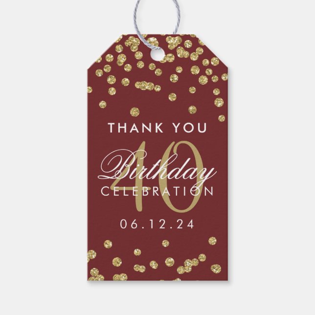 Gold Burgund 40. Geburtstag Danke Confetti Geschenkanhänger (Vorderseite)