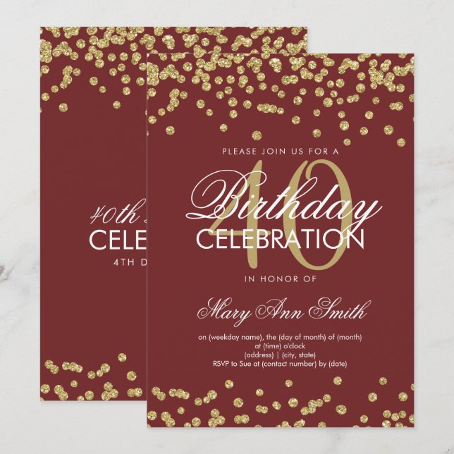 Gold Burgund 40. Geburtstag Party Glitzer Confetti Einladung (Vorne/Hinten)