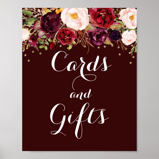 Gold Burgund Blumenkarten und Geschenke Hochzeit Poster (Vorne)