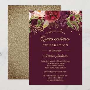 Gold Burgund Floral Wasserfarbe Quinceanera Einlad Einladung