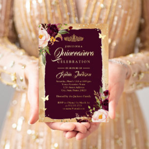 Gold Burgund Quinceanera Floral Glitz-Tiara  Folieneinladung