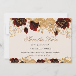 Gold Burgund Rose Quinceañera Save the Date Einladung