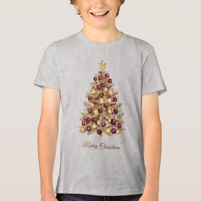 Gold Burgund Weihnachtsbaum Urlaub Tri-Blend Shirt (Vorderseite)