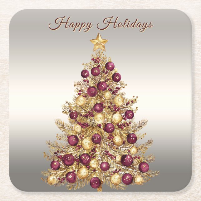 Gold Burgund Weihnachtsbaum Weihnachtsbuch Unterse Rechteckiger Pappuntersetzer (Vorderseite)