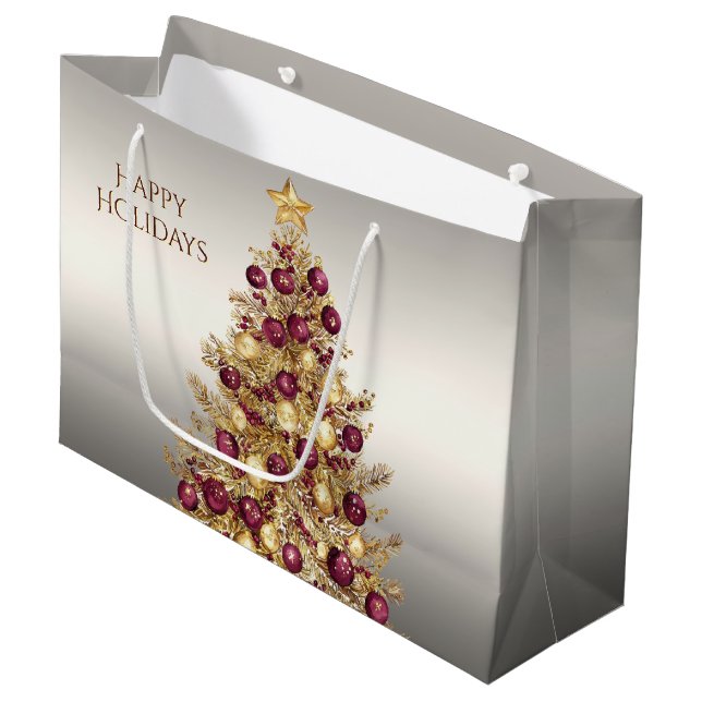 Gold Burgund Weihnachtsbaum Weihnachtsgeschenk-Tas Große Geschenktüte (Vorderseite Schrägansicht)
