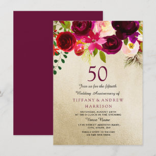 Gold & Burgunder Blumen 50. Hochzeitstag Einladung