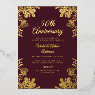 Gold Burgunder Blumen 50. Hochzeitstag Folieneinladung
