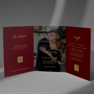 Gold-Burgunder-Foto-Hochzeit-RSVP-Details QR-Code Dreifach Gefaltete Einladung