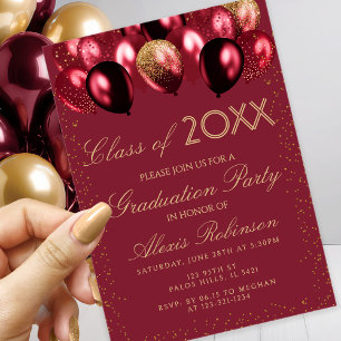 Gold Burgunder Glitter Ballons Abitur-Party Einladung