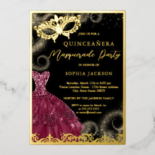 Gold Burgunder Kleid Maskenball Quinceanera Folieneinladung