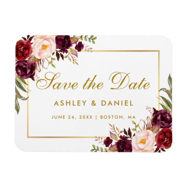 Gold Burgundi Wasserfarbenfloral Save the Date Magnet (Horizontal)