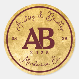 Gold Burgundy 2 Letter Monogram Wedding Runder Aufkleber