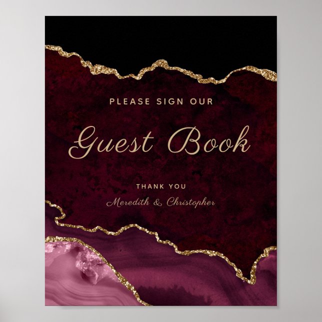 Gold Burgundy Agate Sign Gästebuch Wedding Poster (Vorne)