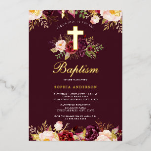Gold Burgundy Bloral Baptisse Folieneinladung