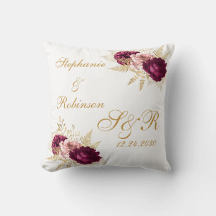 Gold Burgundy Bloral Custom Monogram Wedding Gesch Kissen