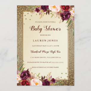Gold Burgundy Blumen Sparkle Baby Dusche einladen Einladung