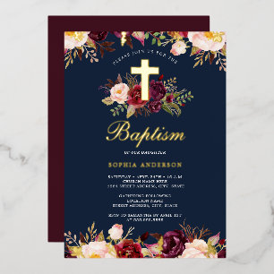 Gold-Burgundy-Blumentaufen Folieneinladung