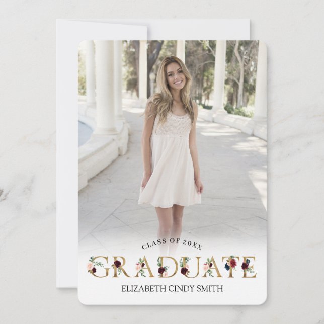 Gold Burgundy Blush Abschluss Foto Einladung (Vorderseite)