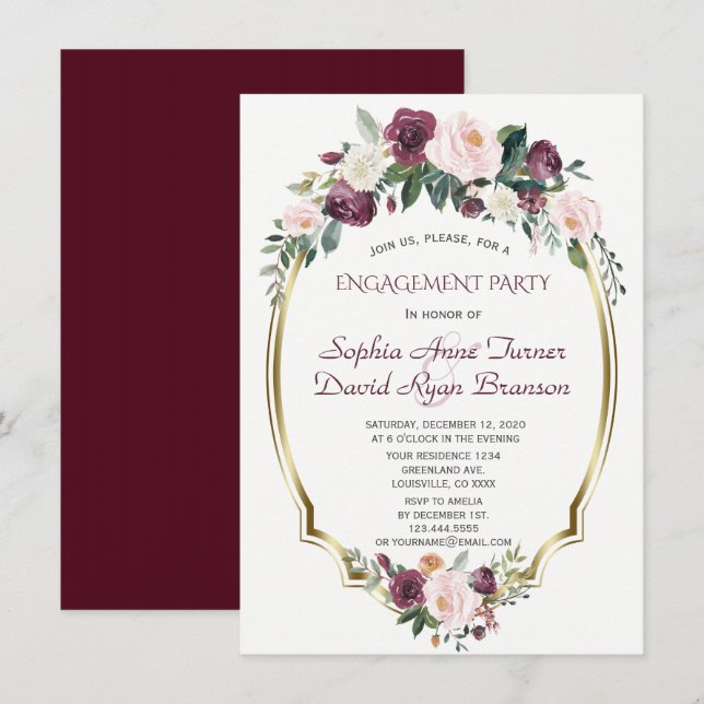 Gold Burgundy Blush Floral Engagement Party Einladung (Vorne/Hinten)