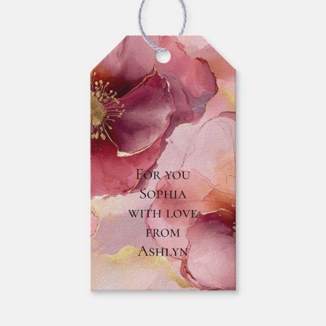 Gold Burgundy Blush Pink Floral Baby Dusche Geschenkanhänger (Vorderseite)