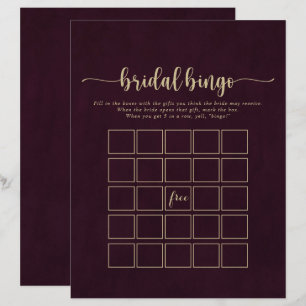 Gold Burgundy Calligraphy Bridal Bingo Game