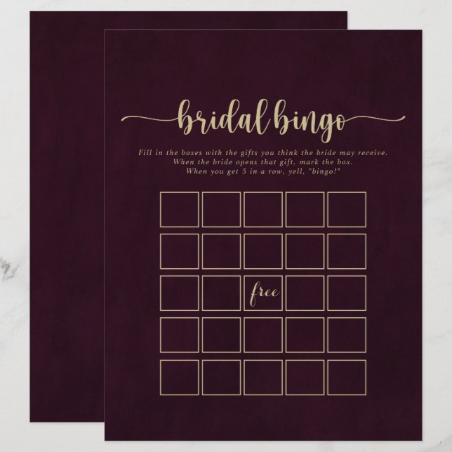 Gold Burgundy Calligraphy Bridal Bingo Game (Vorne/Hinten)