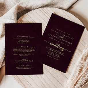 Gold Burgundy Calligraphy Front & Back Wedding Einladung