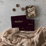 Gold Burgundy Calligraphy Vielen Dank Postkarte<br><div class="desc">Diese goldene Bordeaux-Kalligraphie danke Ihnen Postcard ist perfekt für eine rustikale Hochzeit. Das schlichte und elegante Design besticht durch eine goldene klassische und extravagante Schriftzeichen-Typografie im Hintergrund. Passen Sie die Rückseite der Postkarte an, einschließlich Ihrer Namen, Rücksendeadresse und einer Dankeschön-Nachricht. Oder, verlass den Bereich Dankeschön Meldungsvorlage leer, um ein paar...</div>