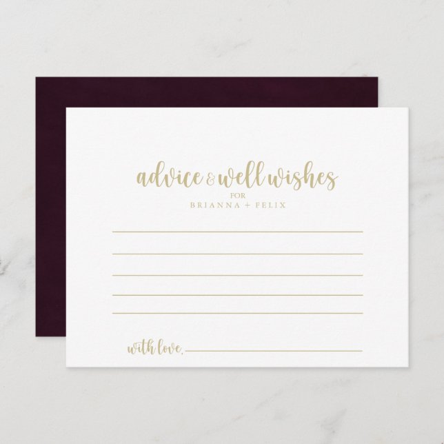 Gold Burgundy Calligraphy Wedding Advice Card Postkarte (Vorne/Hinten)