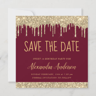 Gold Burgundy Chic Glitzer Sweet 16 Save the Date Einladung