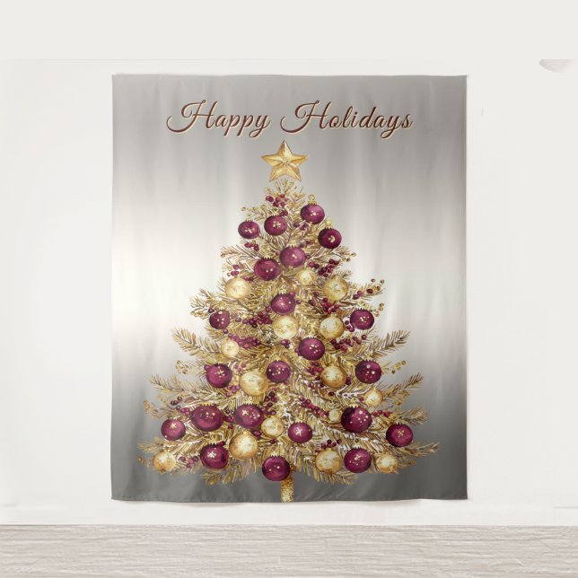 Gold Burgundy Christmas Tree Holiday Backdrop Wandteppich (Vorderseite)