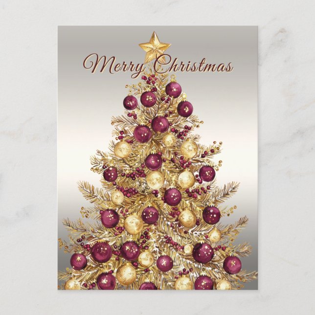 Gold Burgundy Christmas Tree Holiday Postkarte (Vorderseite)