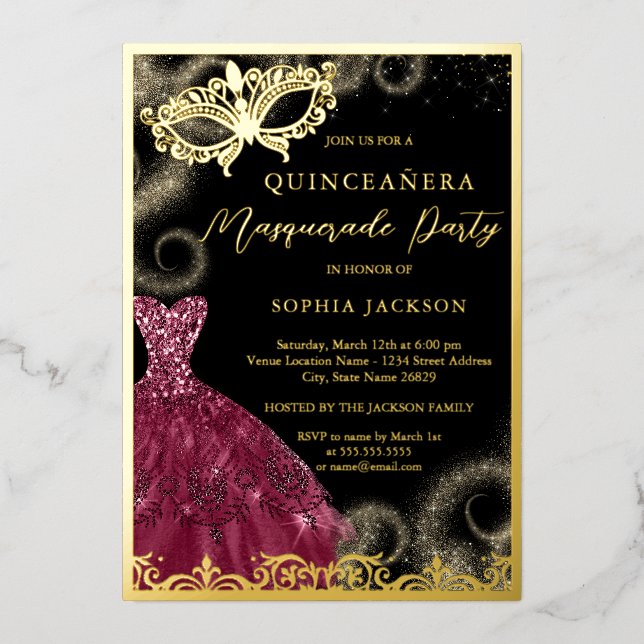 Gold Burgundy Dress Masquerade Party Quinceanera Folieneinladung (Vorderseite)