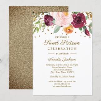 Gold Burgundy Floral Glitzer 16 . Geburtstag Einladung