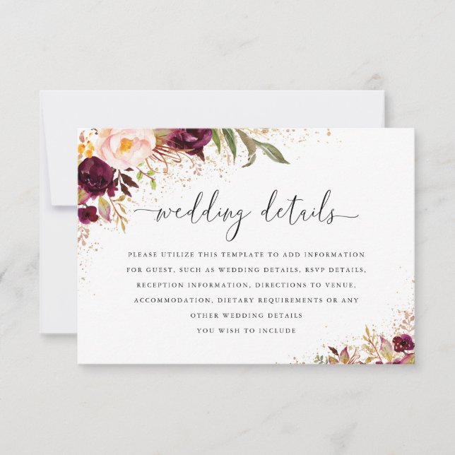 Gold Burgundy Floral Wedding Details Card RSVP Karte (Vorderseite)