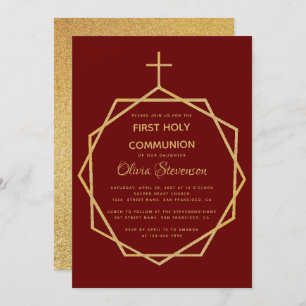 Gold Burgundy Girl First Holy Communion Geometric Einladung