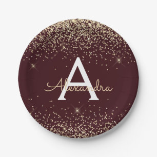 Gold Burgundy Glitzer Sparkle Monogram Birthday Pappteller
