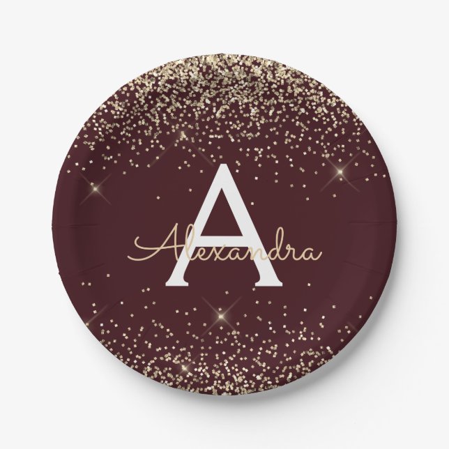 Gold Burgundy Glitzer Sparkle Monogram Birthday Pappteller (Vorderseite)
