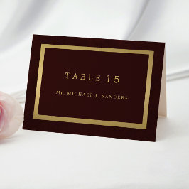 Gold burgundy guest name wedding place card  tischnummer