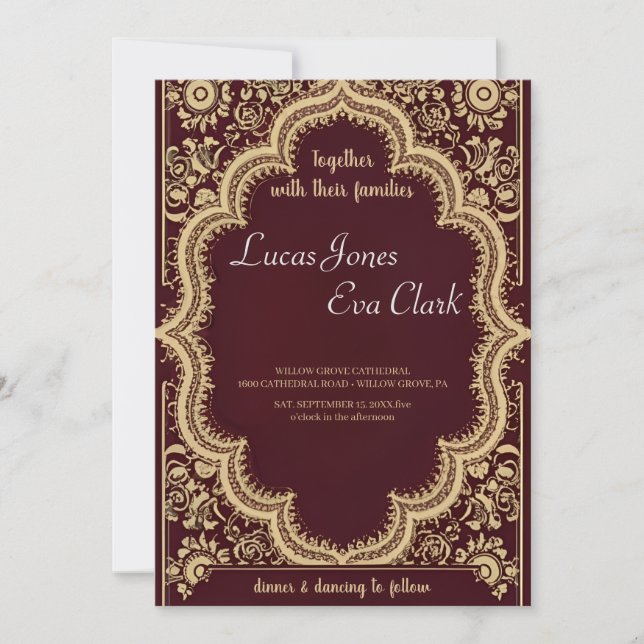 Gold Burgundy Mehendi Henna Indian Wedding Invitat Einladung (Vorderseite)