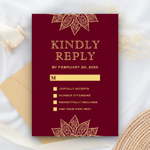 Gold Burgundy Mehendi Henna Indian Wedding RSVP Karte