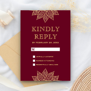 Gold Burgundy Mehendi Henna Indian Wedding RSVP Karte