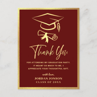 Gold Burgundy Modern Graduation Party Danke Postkarte