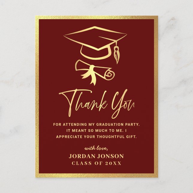 Gold Burgundy Modern Graduation Party Danke Postkarte (Vorderseite)