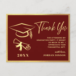 Gold Burgundy Modern Graduation Party Danke Postkarte