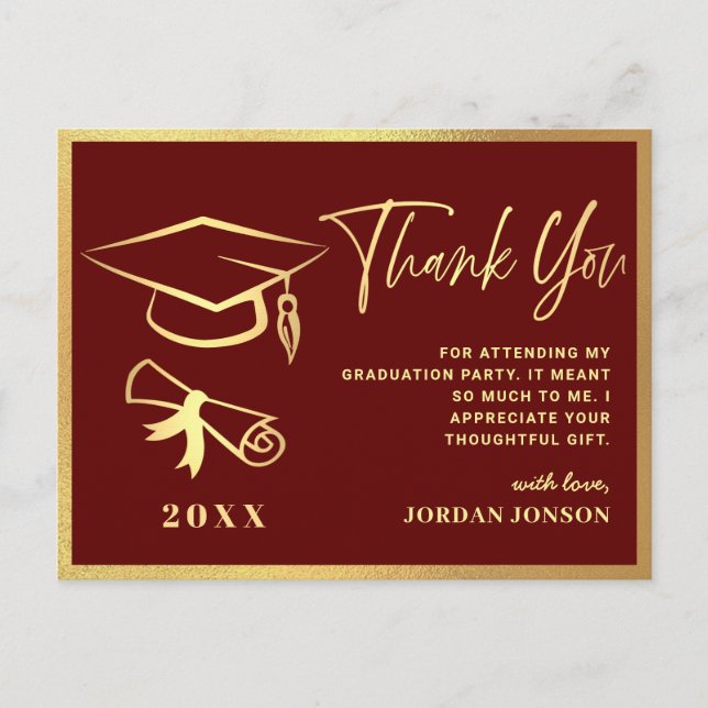 Gold Burgundy Modern Graduation Party Danke Postkarte (Vorderseite)