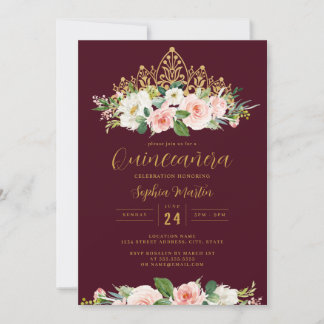 Gold Burgundy Pink Floral Tiara Quinceanera Einladung