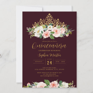 Gold Burgundy Pink Floral Tiara Quinceanera Einladung