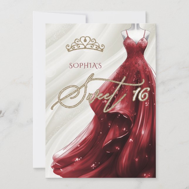 Gold Burgundy Red Sparkle Dress Sweet 16 Einladung (Vorderseite)
