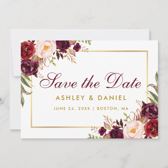 Gold Burgundy Save the Date floral (Vorderseite)